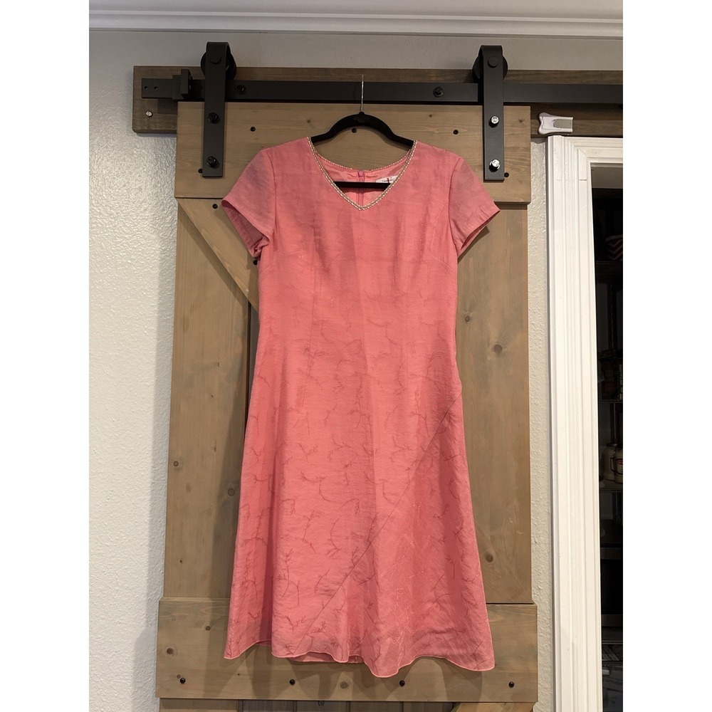 Franco & Co Coral Pink Fit & Flare Dress Beaded V-Neck Lined A-Line Size 11